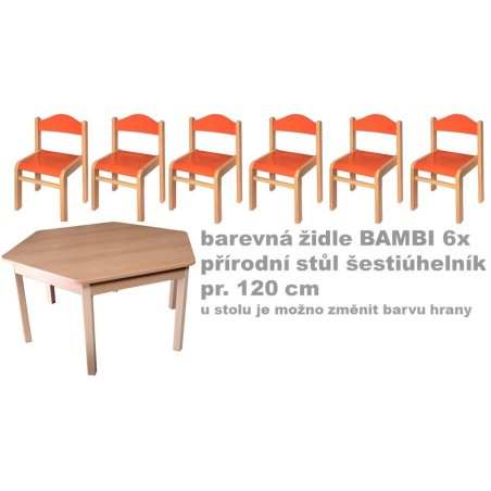 Set přír. stůl šestiúhelník v.46 cm+bar. židličky 26cm
