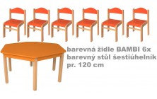 Set bar. stůl 6úhelník v.64 cm+bar. židličky 38cm